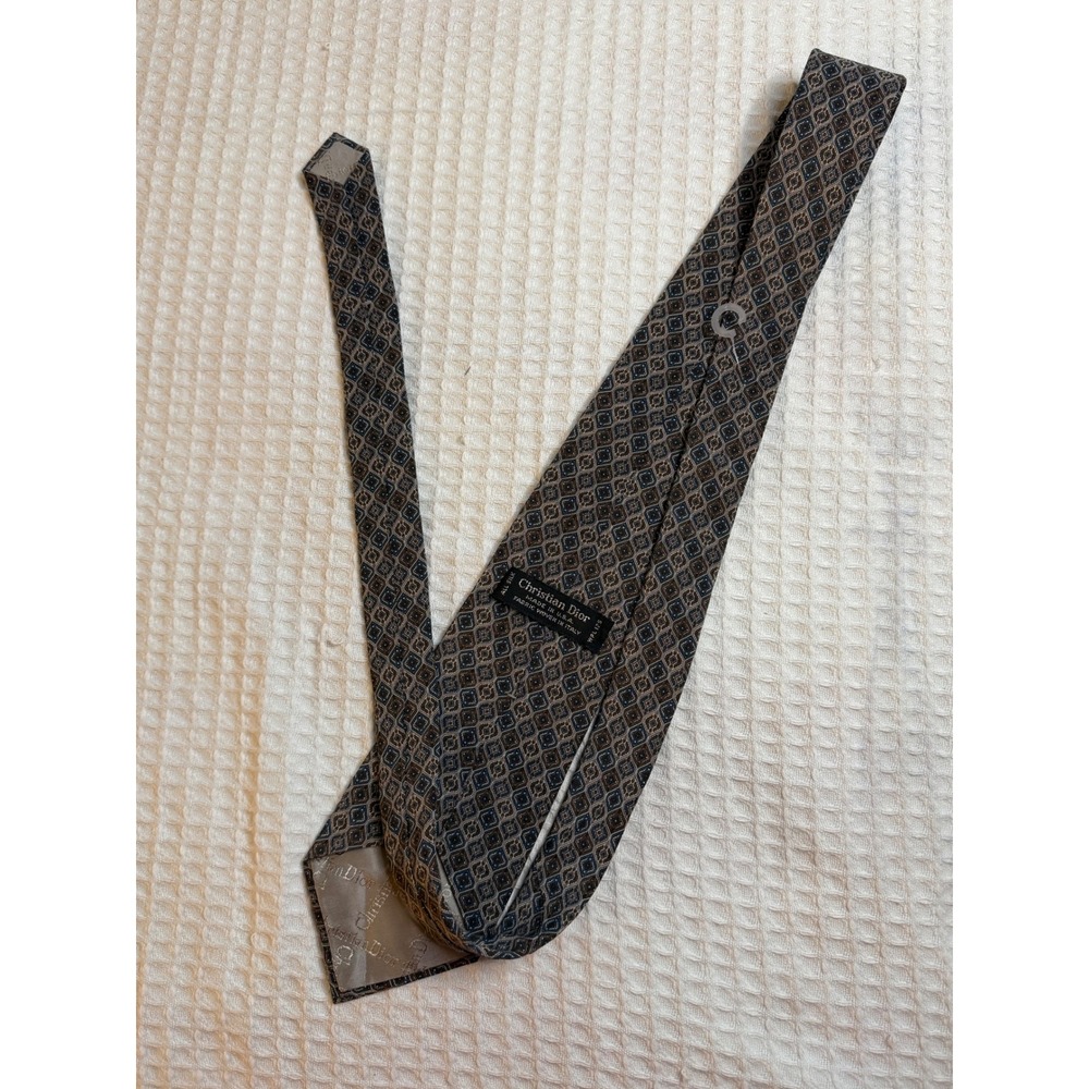 Christian Dior‎ Necktie Mens One Size Brown Blue Geometric Silk Made in USA